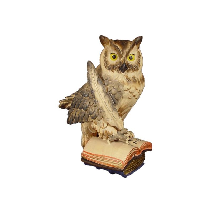 Owl on book with feather